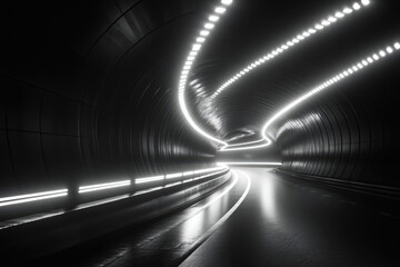 Poster - A curving road inside a dark tunnel illuminated by bright white lights.