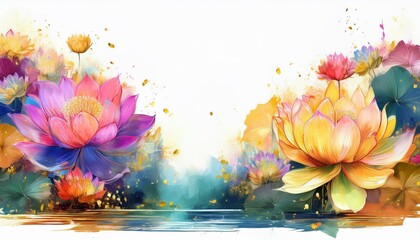 Wall Mural - Beautiful border frame of water lotus flowers background concept graphic resource