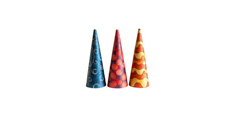 Wall Mural - Three colorful party hats with patterns isolated on transparent background