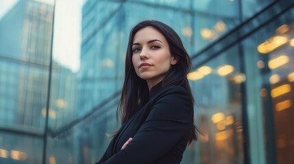 Wall Mural - Businesswoman with sleek dark hair standing outside an upscale conference center, glass panels reflecting the city.