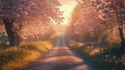 Wall Mural - Serene sunset illumination on a blossom-lined road in spring