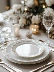 Poster - Elegant dining table setting with fine china and soft candlelight in a decorated venue during a special event. Generative AI