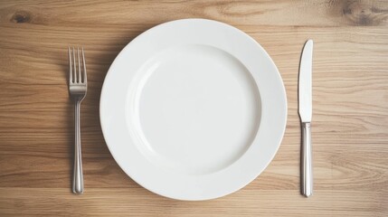 Aufkleber - Empty white plate with silver fork and knife on wooden table in a dining setting before a meal is served. Generative AI