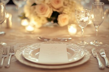 Poster - Beautifully set dining table for a special event with elegant floral centerpiece and soft candlelight glow. Generative AI