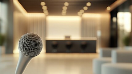 Poster - Modern microphone positioned in a stylish conference room with polished decor. Generative AI