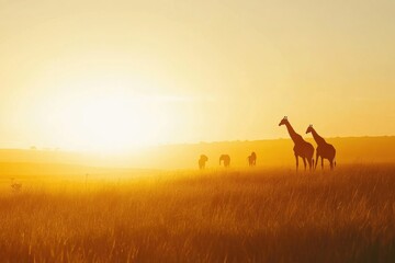 Fototapete - Giraffes grazing in a golden sunset landscape with a vibrant sky and distant horizon in the African savanna. Generative AI