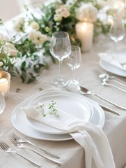 Poster - Elegant dining setup with white plates and floral decorations for a special occasion at a tasteful venue. Generative AI
