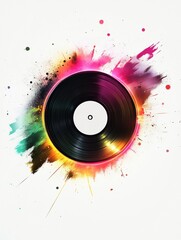 Poster - Colorful vinyl record surrounded by vibrant splashes of paint creating an artistic expression of music and creativity. Generative AI