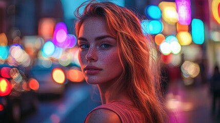 Wall Mural - , Young woman with freckles standing on a busy city street with blurred neon lights behind her.