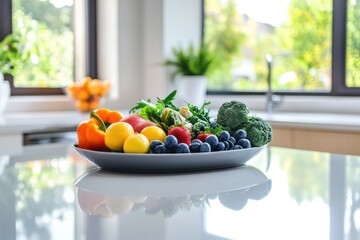Aufkleber - Fresh assortment of fruits and vegetables arranged on a sleek kitchen countertop in bright natural light. Generative AI