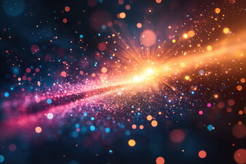 Poster - Vibrant cosmic explosion with colorful bokeh and glittering particles, radiating energy and light.