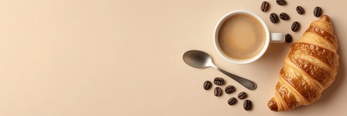 Aufkleber - Delicious coffee and croissant flat lay with coffee beans on a smooth surface. Generative AI