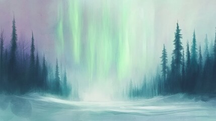 Poster - Majestic northern lights illuminate a serene winter landscape with tall trees and snow under a twilight sky. Generative AI