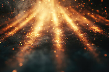 Poster - Golden glitter sparkles on a dark surface, illuminated by radiant beams of light, creating a magical, mystical atmosphere.