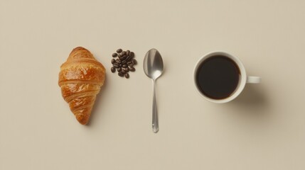 Aufkleber - Enjoying a morning coffee with croissant and coffee beans arranged beautifully on a simple flat lay setup. Generative AI