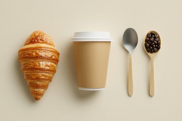 Aufkleber - Delightful flat lay featuring coffee cup, croissant, spoon, and coffee beans on light background for breakfast enjoyment. Generative AI