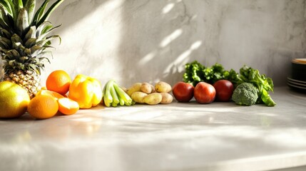Aufkleber - Fresh fruits and vegetables arranged neatly on a kitchen countertop illuminated by sunlight. Generative AI
