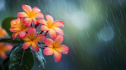 Wall Mural - Brightly colored flowers with water droplets in a lush garden setting after rain