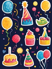 Poster - Festive collection of colorful stickers featuring balloons, cakes, party hats, and confetti for celebration themes. Generative AI