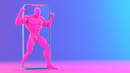 Dynamic fitness pose of a pink sculpted figure in a digital frame abstract art creative environment contemporary viewpoint