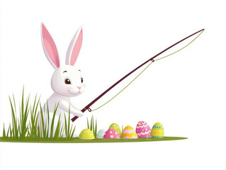 Wall Mural - cute bunny fishing for colorful Easter eggs in grassy area