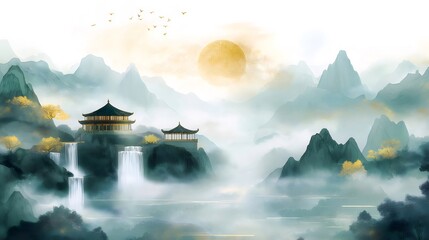 Wall Mural - Misty Mountain Temple Waterfall Wallpaper