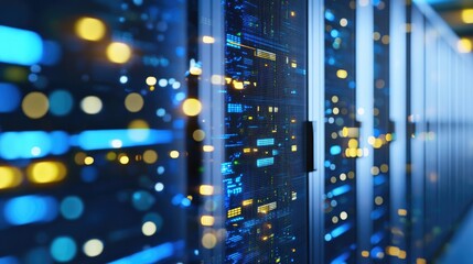 Poster - A futuristic data center with illuminated server racks and glowing blue lights, representing advanced cloud computing and cybersecurity. Ideal for technology, networking, and digital infrastructure