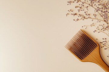 Aufkleber - Wooden hair comb placed next to dried lavender on a light beige background for a calming aesthetic. Generative AI