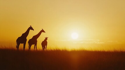 Poster - Giraffes grazing at sunset on a savanna landscape in Africa creating a serene and peaceful atmosphere. Generative AI