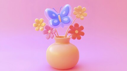 Wall Mural - Pink vase, flowers, butterfly, pastel background, spring