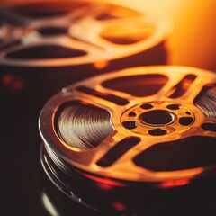 Poster - Close up view of vintage film reels and tape showcasing timeless cinematic art. Generative AI