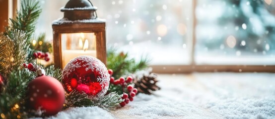 Wall Mural - a warm lantern with red christmas ornaments, pine branches, and snow by a frosty window. ideal for h