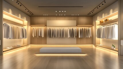 Poster - Modern clothing store interior showcasing minimalist design with neutral colors and ambient lighting during the daytime. Generative AI