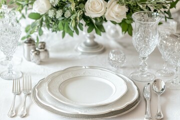 Poster - Elegant dinner table setting with floral centerpiece and fine dinnerware prepared for a special occasion. Generative AI