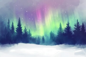 Poster - Colorful northern lights illuminate a serene snow covered landscape at night. Generative AI