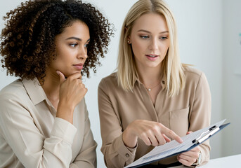 Wall Mural - Two women discussing business document at meeting. Women collaboration on business project reviewing charts and graphs. Business meeting of two women discussing report