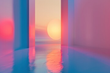 Poster - Glistening reflections at sunset through luminescent archways by the serene ocean