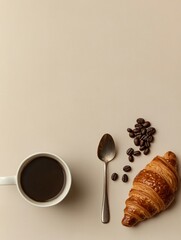 Aufkleber - Freshly brewed coffee and a warm croissant on a neutral surface with coffee beans and a spoon to complete the breakfast setup. Generative AI