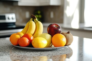 Fototapete - Fresh and colorful assortment of fruits arranged on a white plate in a bright kitchen setting. Generative AI