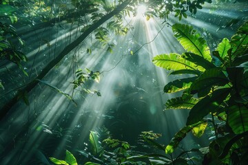 Poster - Sunlight filters through dense foliage in a tropical rainforest, creating a serene and vibrant atmosphere during midday