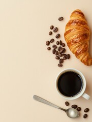 Aufkleber - Enjoying morning coffee and croissant on a light background during a relaxing breakfast time. Generative AI