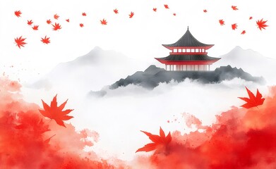 Wall Mural - Autumn Pagoda, Mountain View, Falling Leaves, Watercolor