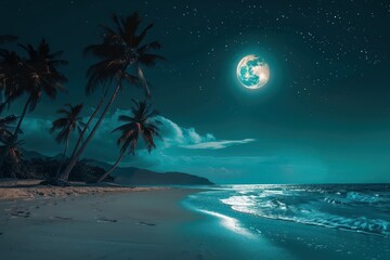 Poster - Breathtaking night view of a beach with a glowing full moon reflecting on the calm ocean waters beneath a starry sky