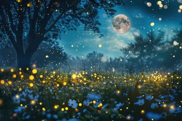 Aufkleber - Magical night scene with glowing fireflies and a full moon illuminating a serene garden filled with flowers in the deep blue twilight sky