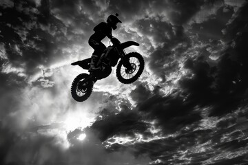 Motorcycle rider performing jumps against a stunning sunset sky filled with clouds and vibrant colors