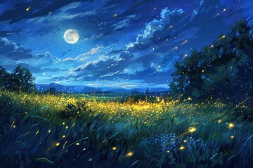 Aufkleber - Magical night scene with glowing fireflies and a full moon illuminating a serene garden filled with flowers in the deep blue twilight sky