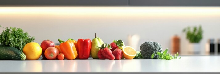 Aufkleber - Fresh vegetables and fruits arranged on a kitchen countertop in a modern setting. Generative AI
