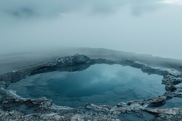Aufkleber - Serene sunset reflection in a natural pool surrounded by barren land and a solitary tree at dusk