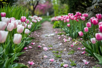 Wall Mural - Colorful tulips line a serene garden pathway adorned with fallen petals in springtime bloom