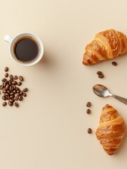 Aufkleber - Enjoying coffee and croissants in a cozy flat lay setting during a relaxing morning at home. Generative AI